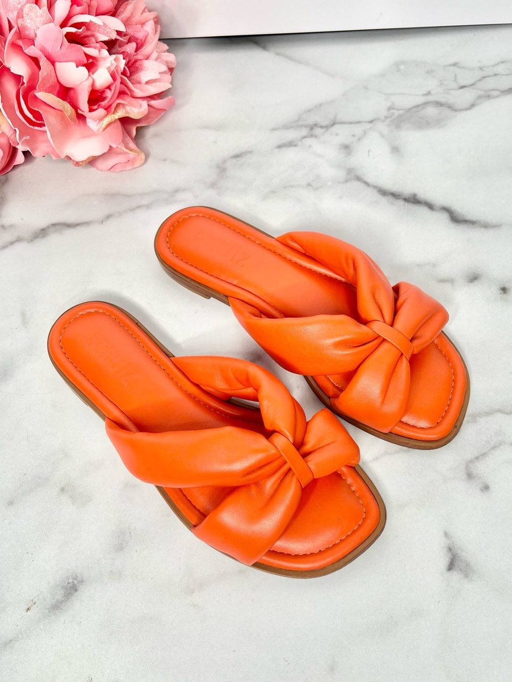 SCHUTZ FAIRY LEATHER SLIDES SANDALS ORANGE KNOTTED FLAT